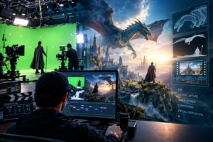 Teknologi efek visual film dengan CGI, green screen, motion capture, dan dunia digital.